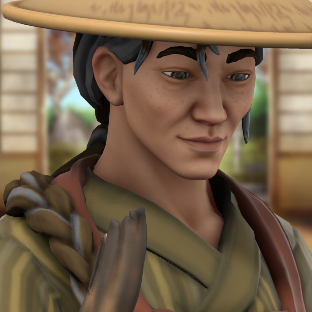 Akitoki, a middle-aged well-tanned man with long brown greying hair and lidded brown eyes.